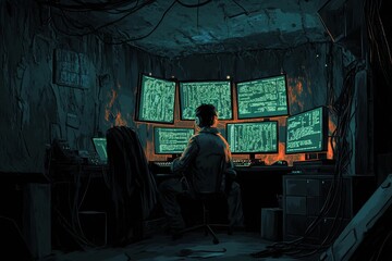 Person coding at multiple screens in a dark room