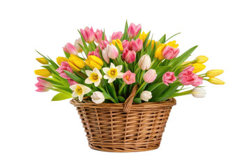 Obraz premium Colorful flower arrangement in a wicker basket, cut out