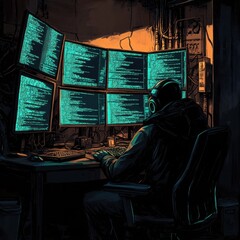 Obraz premium Person coding at multiple computer screens in a dark room