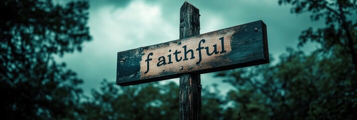 A wooden signpost with the word "faithful" prominently displayed against a backdrop of green leaves and a cloudy sky, evoking a sense of trust and reliability.