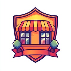 Storefront icon design. Shield emblem with awning. Blank ribbon for text
