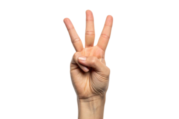 Hand showing the number three in a clear gesture, cut out