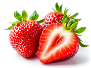 Fresh strawberries, one sliced, on a white background.