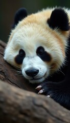 Fototapeta premium Close-up of a sleeping giant panda's face, showing soft fur and relaxed expression , bamboo, face, conservation