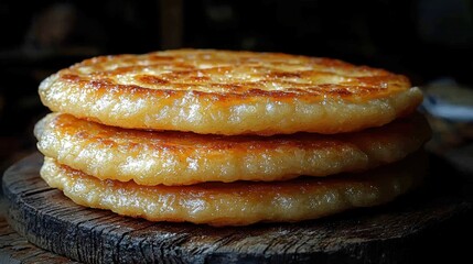 A stack of golden, crispy flatbreads on a wooden surface.