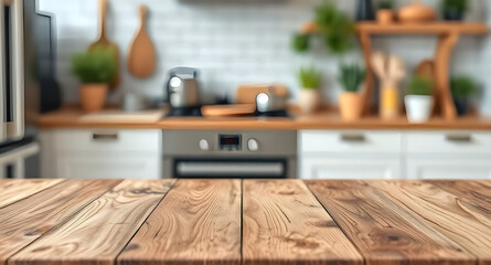 Wood table top on blurred kitchen background. can be used mock up for montage products display or design layout