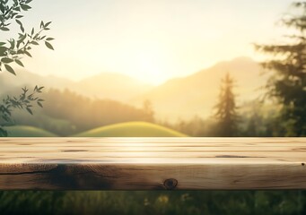 Empty wooden table top with a blurred nature background for product display