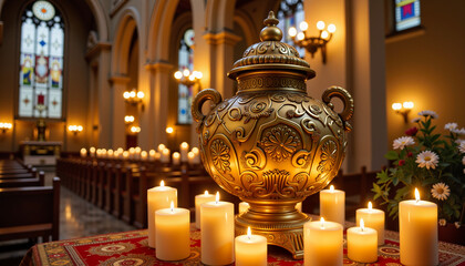 Obraz premium Ornate urn for ashes surrounded by flickering candles in cathedral, remembrance