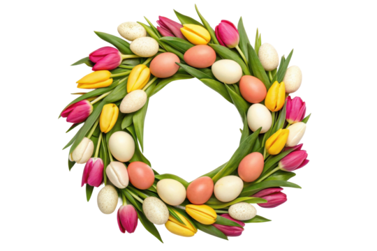 Colorful Easter wreath with flowers and eggs, cut out