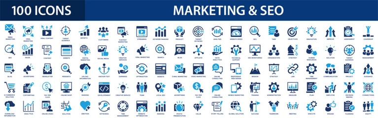 Marketing and SEO icon set. Search engine optimization, traffic, website, social media, content, ranking, online advertising, optimization.