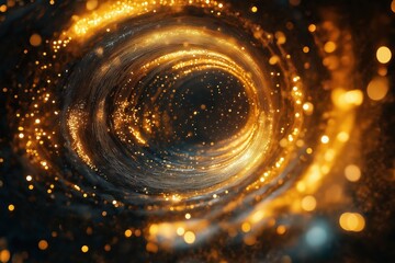 Obraz premium Glowing vortex of golden particles forming an infinite spiral in dark space
