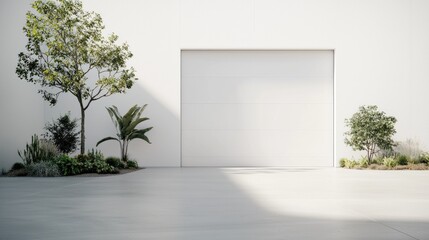 Minimalist white garage door, plants, sunny courtyard