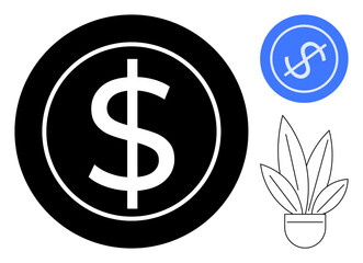 Dollar sign in black circle symbolizes currency. Blue circle with dollar sign and potted plant icon depict growth. Ideal for finance, investment, banking, savings, wealth management, economic growth
