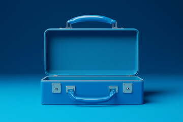Opened 3D blue briefcase empty isolated on an blue background
