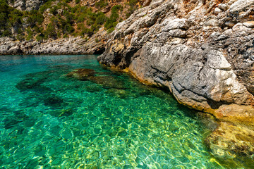 Albania, Vlorë, Dafina bay - 13 August 2024 - The rocks and crystal clear water in Dafina Bay in Albania