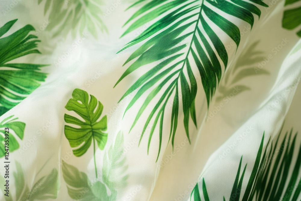 Poster Summer fabrics with tropical patterns in shades of green creating a refreshing atmosphere for warm weather occasions. Generative AI