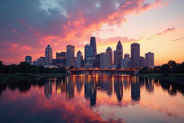 Golden hour Detroit skyline reflected in river, cityscape panorama, image, landscape, industrial