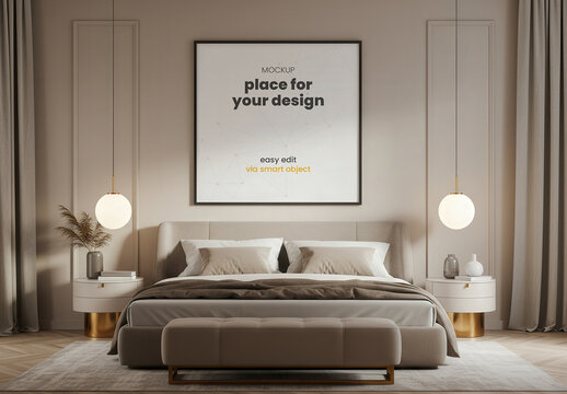 Big Square Frame Poster Mockup on Elegant Bedroom