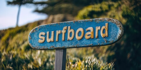 Fototapeta premium Aged Weathered Surfboard Sign in Scenic Coastal Environment Perfectly Captures the Rustic Charm and Outdoor Adventure Spirit of Beach Culture