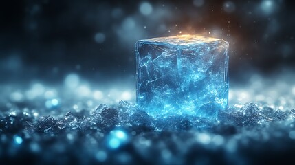 Luminous Blue Ice Cube on Frozen Ground