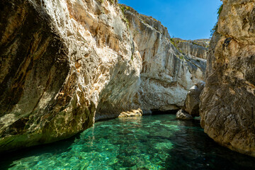 Albania, Vlorë, Kanioni i Skafistave - 13 August 2024 - The crystal clear waters of Kanioni i Skafistave near Vlorë