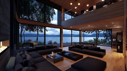 Fototapeta premium Modern glass-walled living room overlooking serene lake at twilight with cozy seating area