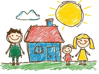 A child's colorful drawing of a stick figure family with a bright sun in the corner and a house, drawn on a white paper. The drawing is simplistic and charming kids style	