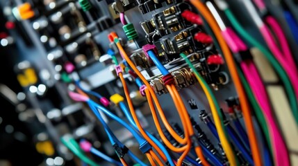Close up of vibrant electrical wires connecting to a circuit board, highlighting the intricate network and precision of modern industrial technology