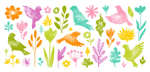 Bird flower spring vector set. Floral background. Vintage cute leaf flower, bird illustration. Summer spring crayon design. Simple hand drawn Easter pattern, floral garden silhouette art. Kid chalk bg