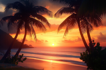 Plage de palmiers au coucher du Soleil sous les Tropiques.