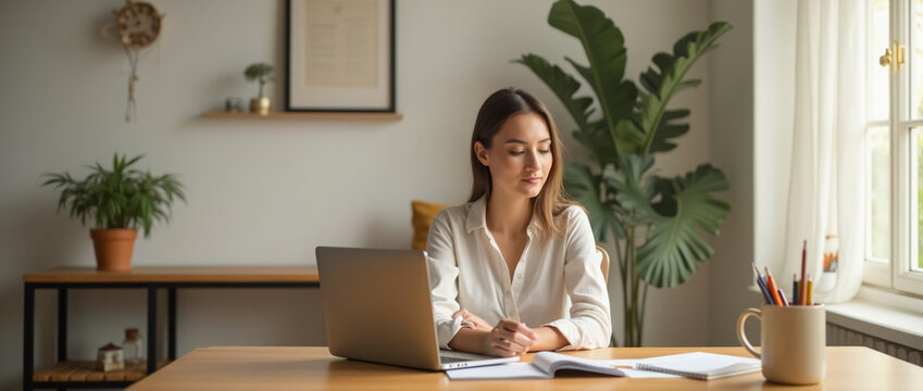 Mulher Profissional Trabalhando Remotamente em um Escrit&oacute;rio Minimalista e Aconchegante &ndash; Luz Natural, Conceito de Produtividade, Cores Neutras Quentes