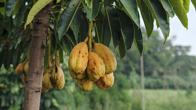 Cempedak fruit hanging on a tree.