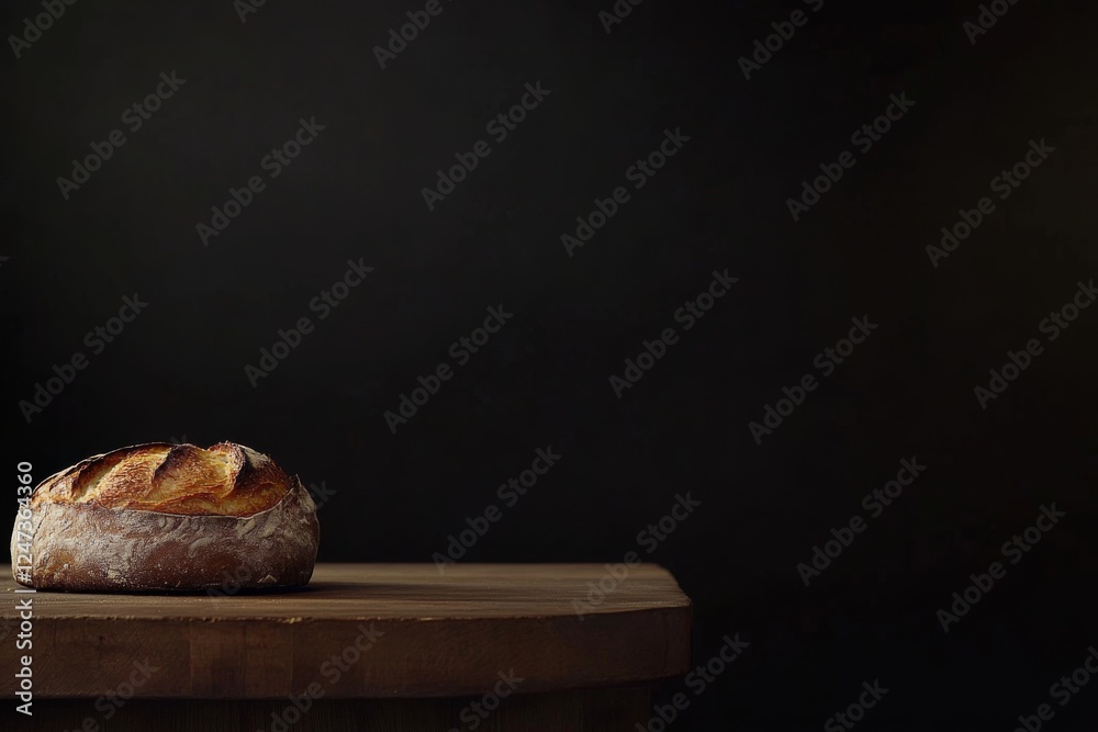 Poster Loaf of freshly baked bread rests on a rustic wooden table, illuminated by soft light, showcasing its golden crust and inviting texture in a warm setting