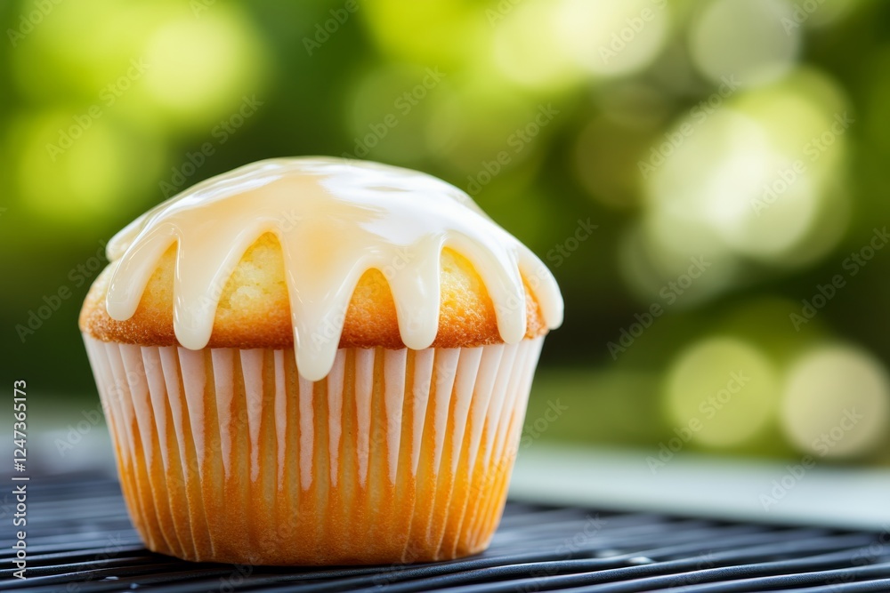 Poster A single muffin topped with shiny icing sits on a surface, illuminated softly to enhance its sweetness and inviting texture, surrounded by a blurred background