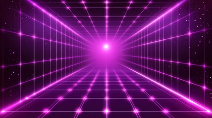 Retro Futuristic Purple Grid Landscape Glowing Tunnel Illustration