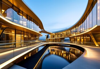 Sleek modern buildings with curved designs are illuminated by soft lighting at dusk. The structures reflect beautifully in the adjacent calm water, creating a serene atmosphere.