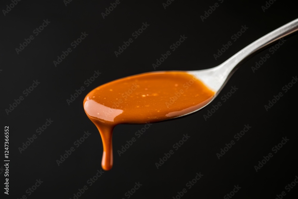 Poster Melted chocolate oozes from a spoon, showcasing its glossy texture and deep color against a dark backdrop, inviting indulgence and delight in every drop