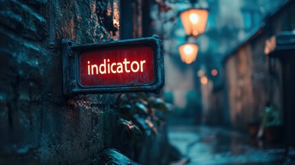 A vintage glowing red indicator sign attached to a weathered stone wall in an atmospheric, dimly lit European street with antique lanterns