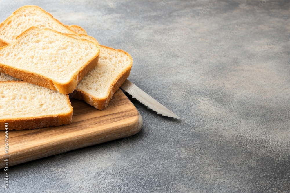 Poster freshly sliced bread lies on a wooden cutting board, accompanied by a rustic knife. soft light highl