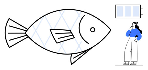Large fish with geometric diamond patterns, battery icon with three bars, and person thinking. Ideal for sustainability, energy resources, aquatic life, contemplation, technology mindsets. Abstract