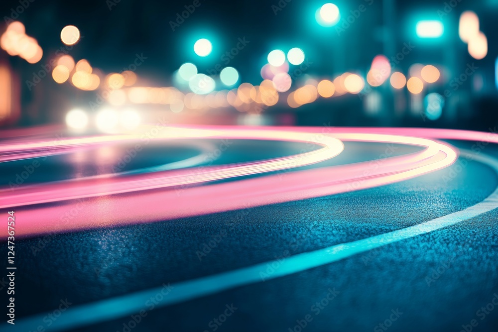 Poster Close-up view of vibrant blue and pink neon lines glowing against a dark background, creating a striking modern design with space for text on the right side