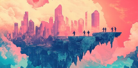 Obraz premium Silhouetted figures stand on floating islands before a city