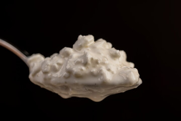 cottage cheese made from lumps with cream close-up