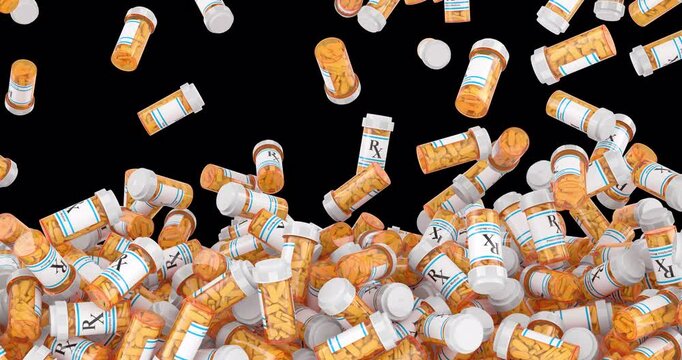 Medical bottles with drugs falling and fill the screen. 3D animation on transparent background