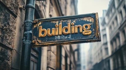 Rustic metal street sign prominently displaying the word "building" affixed to an old urban wall on a narrow, character-filled city street