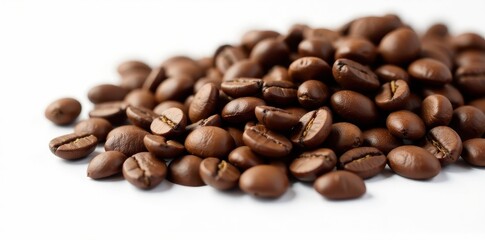 Naklejka premium Whole coffee beans in a pile, isolated on white, seed, macro, caffeinated