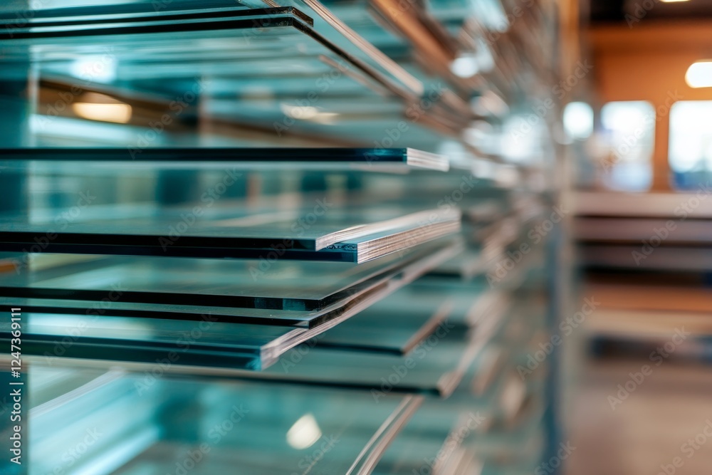 Fototapete close-up of stacked sheets of glass with reflective surfaces arranged neatly, offering clean lines a