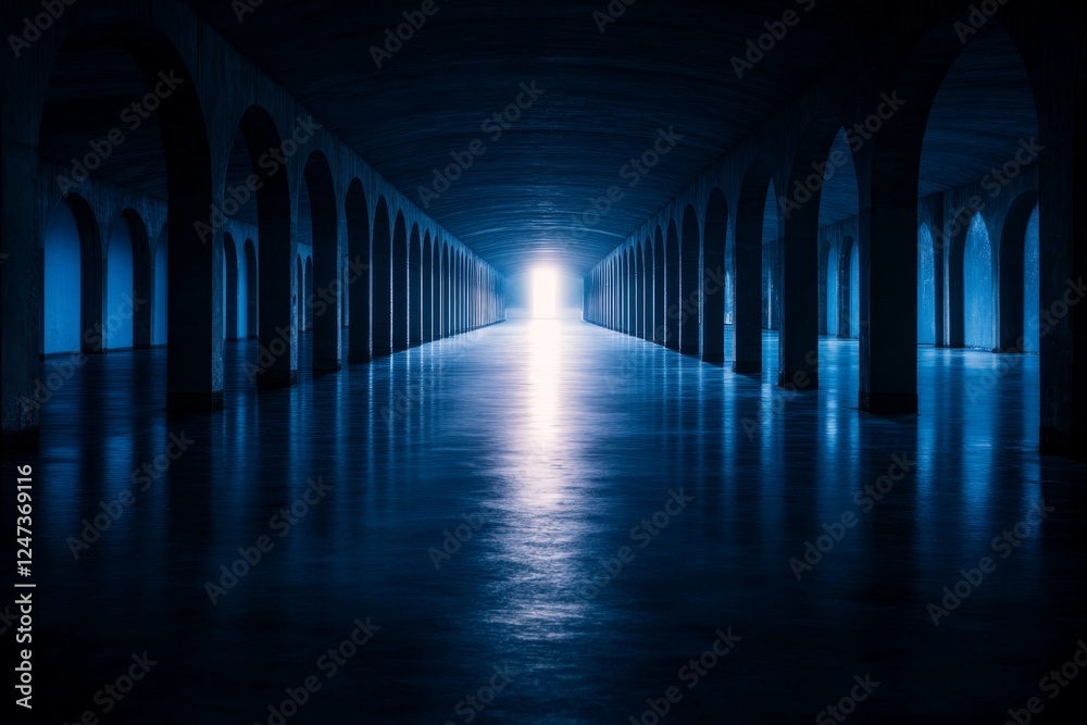 Poster layered blue paper and black arches form a minimalist backdrop illuminated by light at the end of a 
