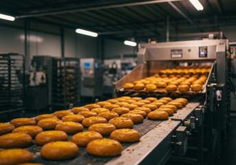 Industrial bakery conveyor line with rows of freshly baked goods, illuminated by warm factory lights.