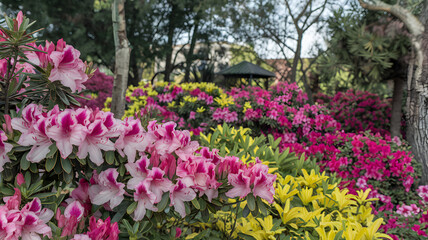 Obraz premium Azalea flowers in a colorful garden.